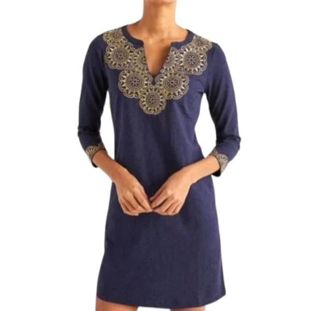 Boden Eda Embroidered Jersey Tunic Dress in navy blue & gold sz 6